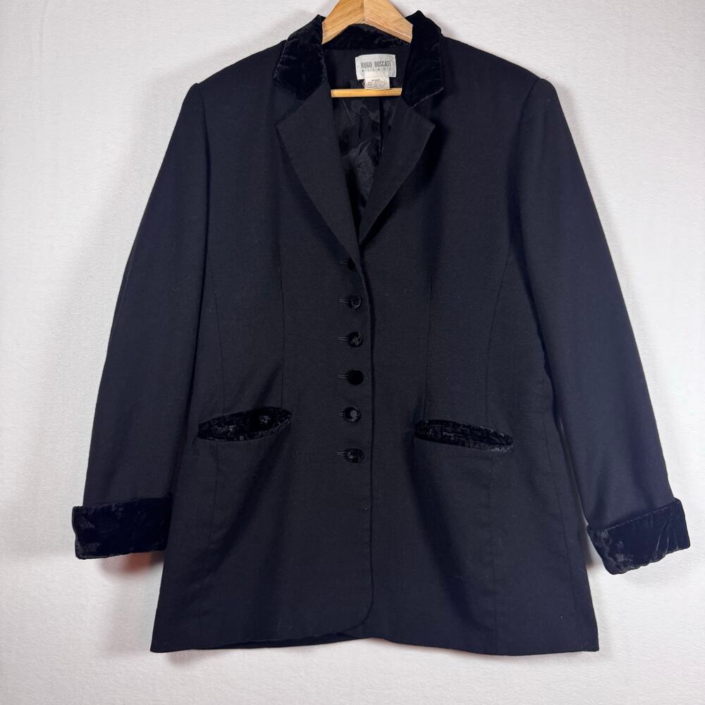 Y2K Hugo Buscati Dressy Coat Jacket Womens Black Velvet Trim 100% Wool Size 16